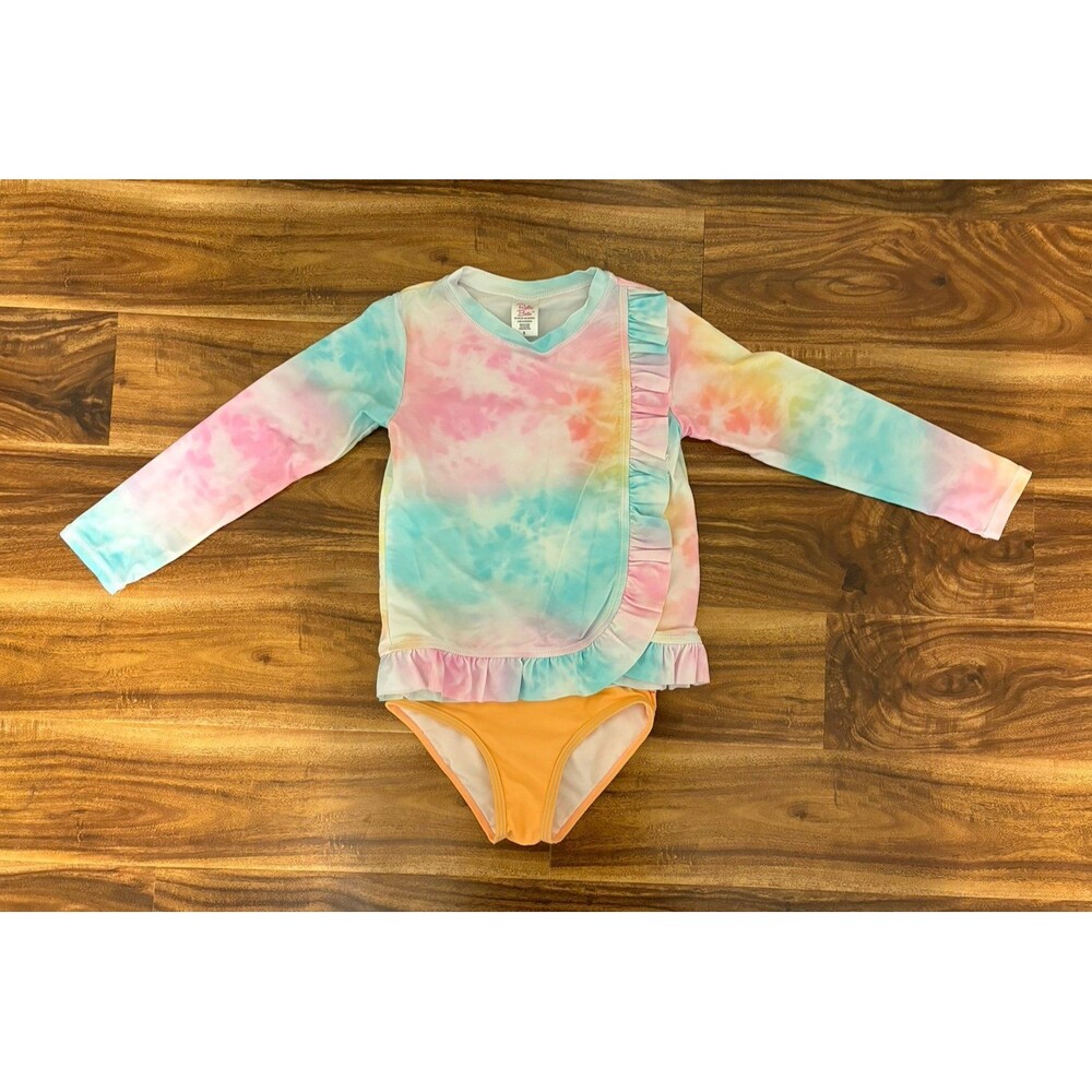 RuffleButts Long Sleeve Two-Piece Rashguard Swimsuit, Rainbow Tie Dye, Size 5T